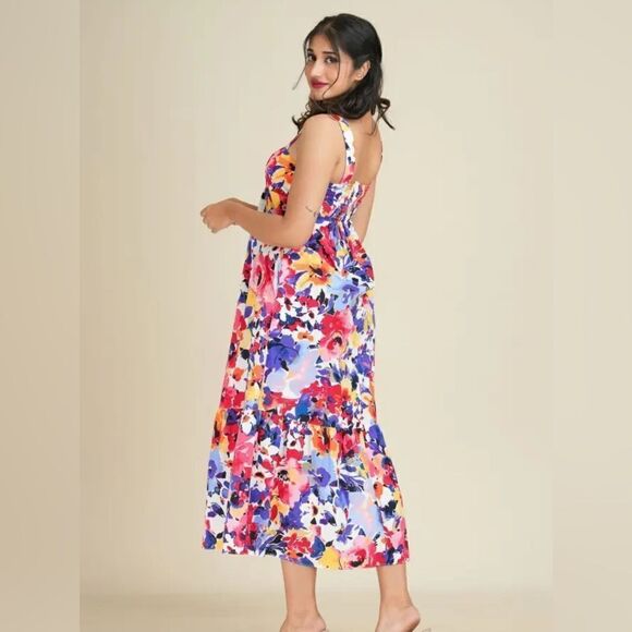 London Times Floral Print Colorful Tiered Smocked Waist Maxi Dress - Picture 8 of 9